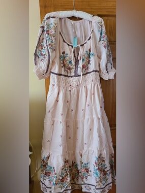 Anthropologie Blush Pink Floral Tiered Maxi Dress